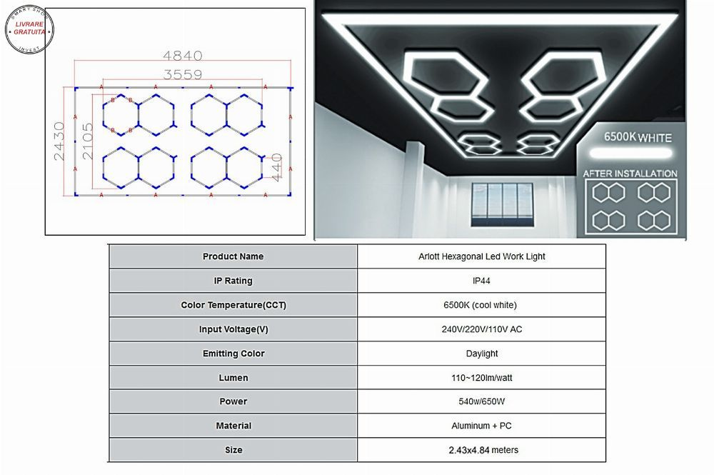 Sistem de Iluminare Plafon Hexagon / HoneyComb 3.56 x 2.10 m