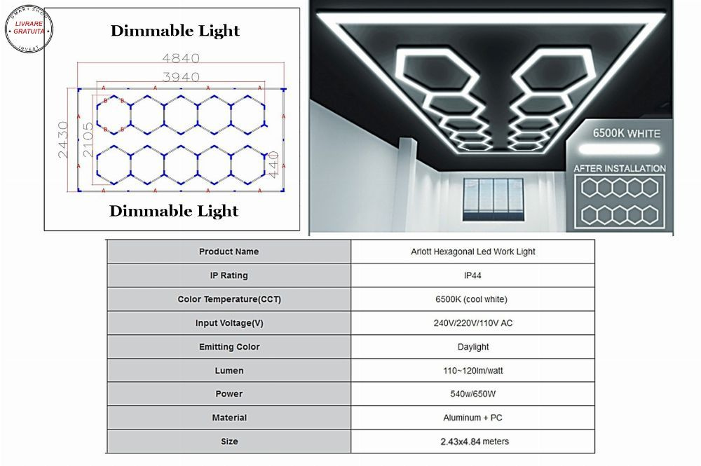 Sistem de Iluminare Plafon Hexagon / HoneyComb 3,94 x 2,10 m Lumina Ajustabila- livrare gratuita