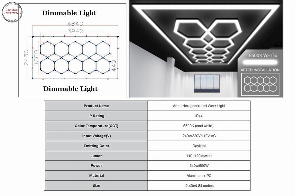 Sistem de Iluminare Plafon Hexagon / HoneyComb 3,94 x 1,86 m Lumina Ajustabila- livrare gratuita