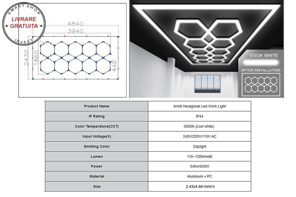Sistem de Iluminare Plafon Hexagon / HoneyComb 3,94 x 1,86 m- livrare gratuita
