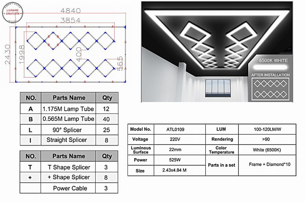Sistem de Iluminare Plafon Hexagon / HoneyComb 4.02 x 2.91 m