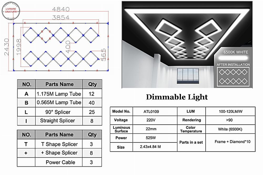 Sistem de Iluminare Plafon Hexagon / HoneyComb 4.02 x 2.91 m