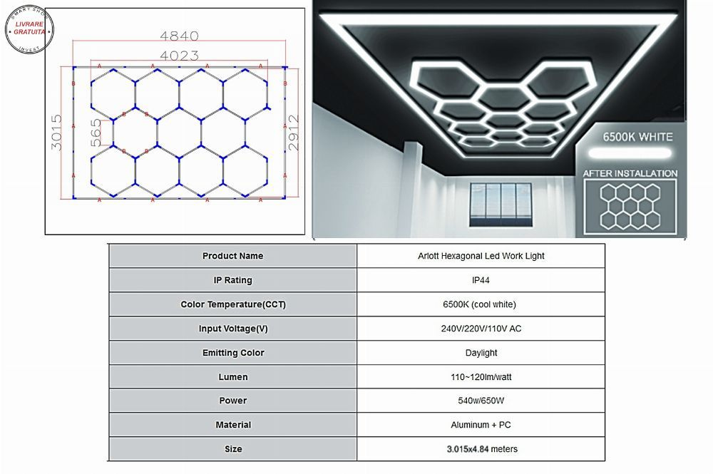 Sistem de Iluminare Plafon Hexagon / HoneyComb 4.02 x 2.91 m- livrare gratuita