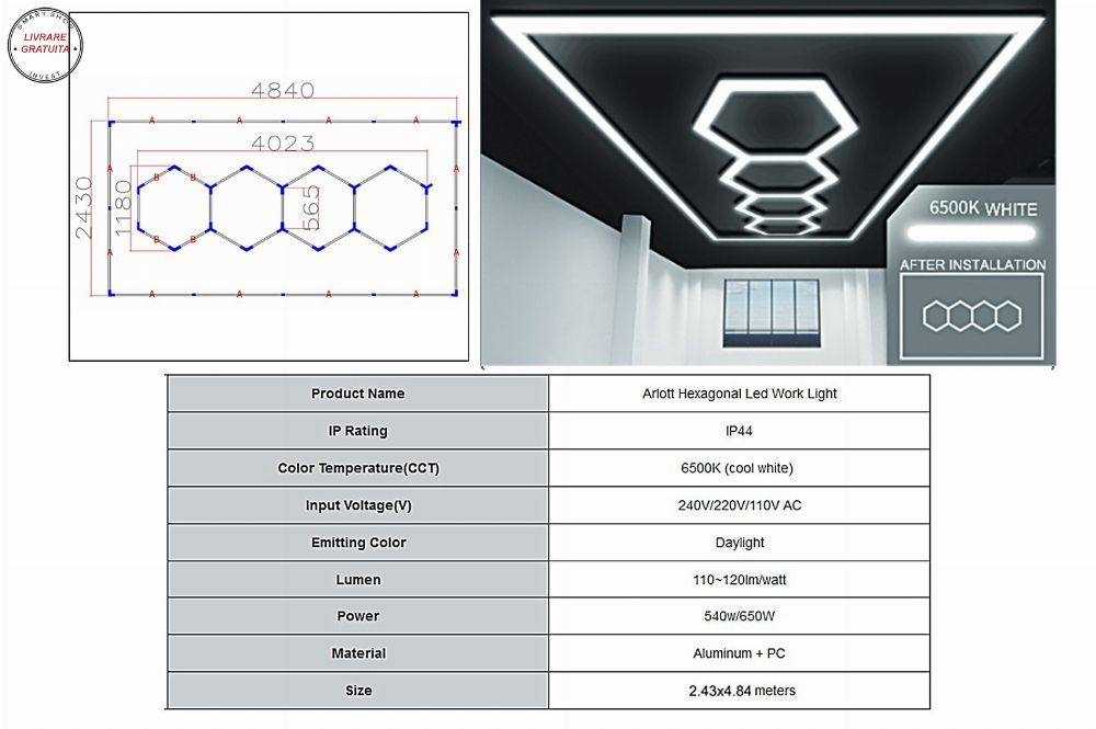 Sistem de Iluminare Plafon Hexagon / HoneyComb 4.03 x 1.18 m- livrare gratuita