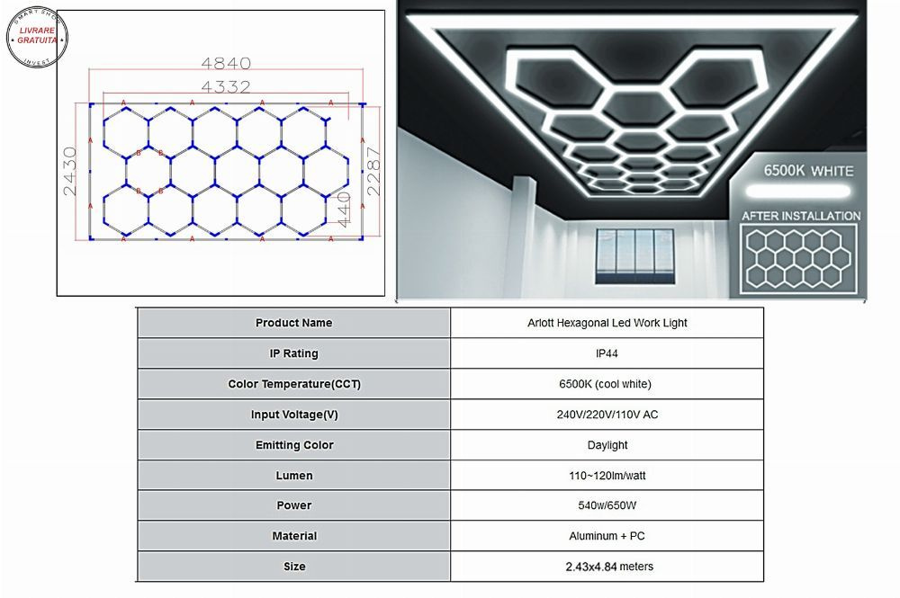 Sistem de Iluminare Plafon Hexagon / HoneyComb 4.33 x 2.28 m