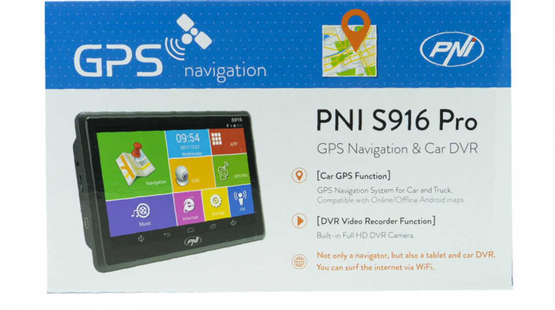 Sistem de navigatie GPS + DVR PNI S916 PRO ecran 7 inch cu Android 6.0, memorie 16 GB, 1GB DDR3 RAM PNI-S916PRO