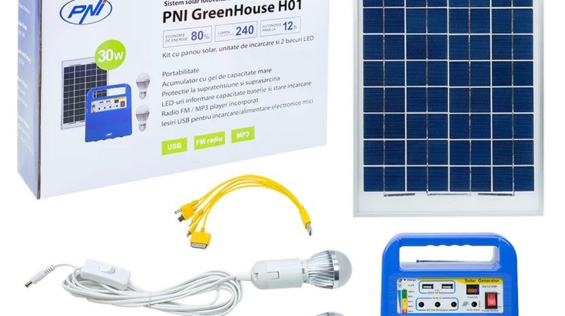 Sistem solar Ideal Camping PNI GreenHouse H01 30W acumulator 12V/7Ah USB/Radio/MP3 2 becuri LED