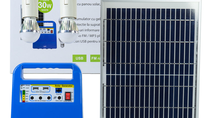 Sistem solar Ideal Camping PNI GreenHouse H01 30W acumulator 12V/7Ah USB/Radio/MP3 2 becuri LED