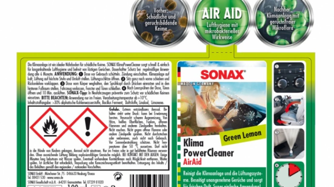 Sonax Spray Curatat Instalatie Ac Air Aid Green Lemon 323400 100ML