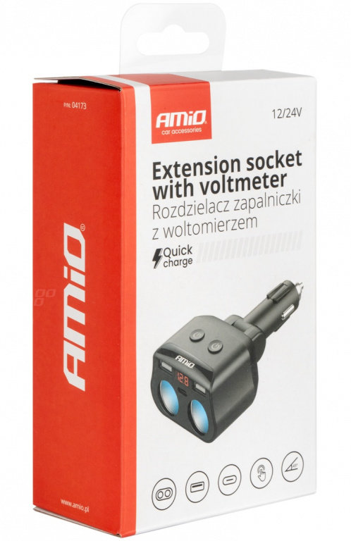 Splitter Stecher Priză Brichetă 2 X USB 1 X USB-C 12V 24V + Voltmetru Amio 04173