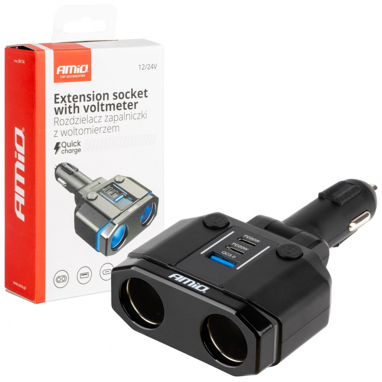 Splitter Stecher Priză Brichetă PD30W PD20W QC3.0 12V / 24V + Voltmetru Amio 04174