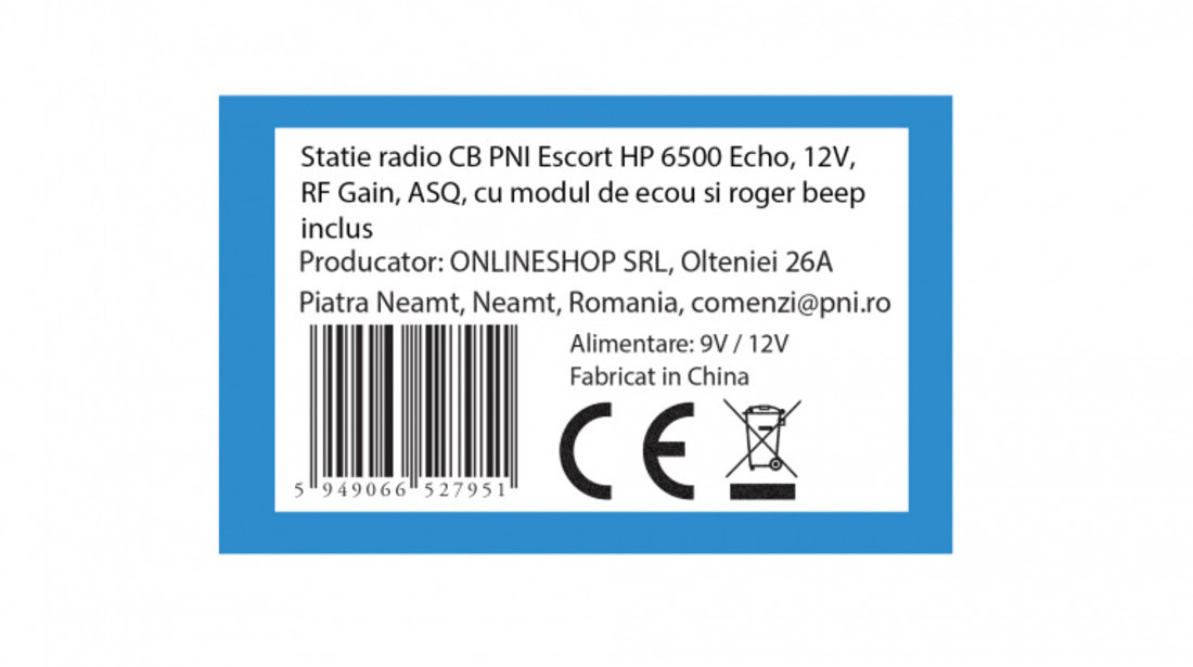 Statie radio CB PNI Escort HP 6500 Echo, 12V, RF Gain, ASQ, cu modul de ecou si roger beep inclus PNI-HP6500EC
