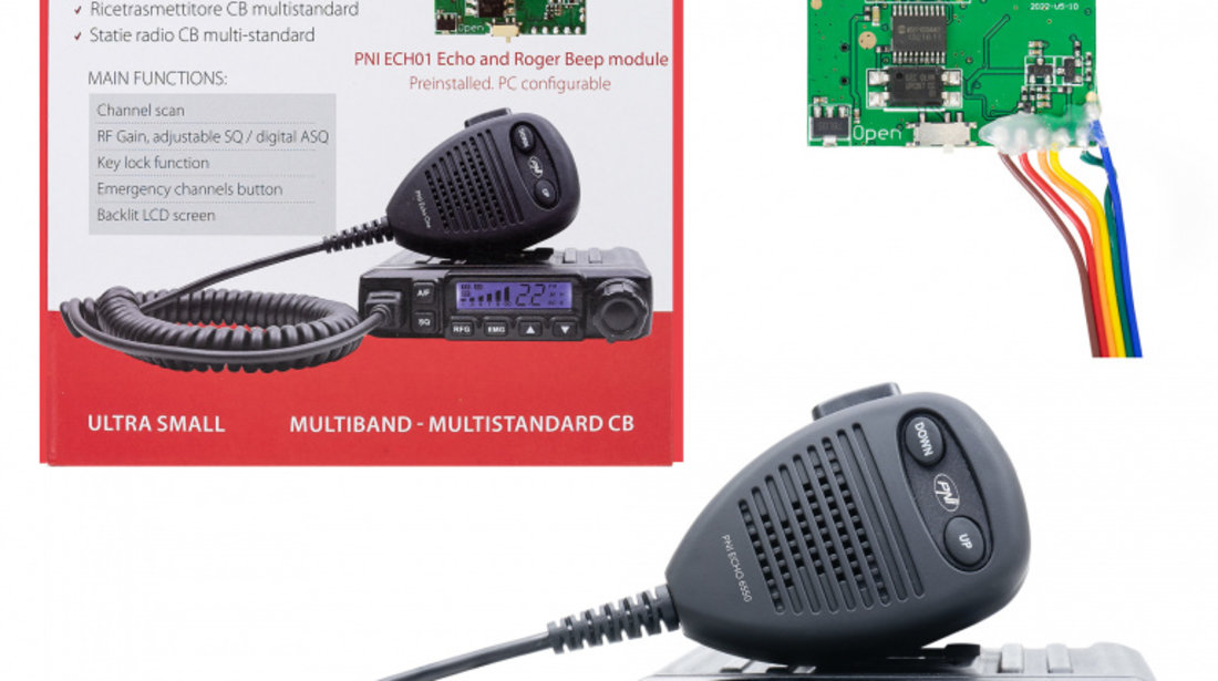 Statie radio CB PNI Escort HP 6550 cu PNI ECH01 instalat, multistandard, 4W, AM-FM, 12V, ASQ, cu modul de ecou PNI-HP-6550