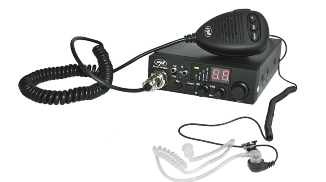 Statie radio CB PNI Escort HP 8024 ASQ alimentare 12V-24V + Casca PNI HF11 cu 1 pin PNI-HP8024HF11