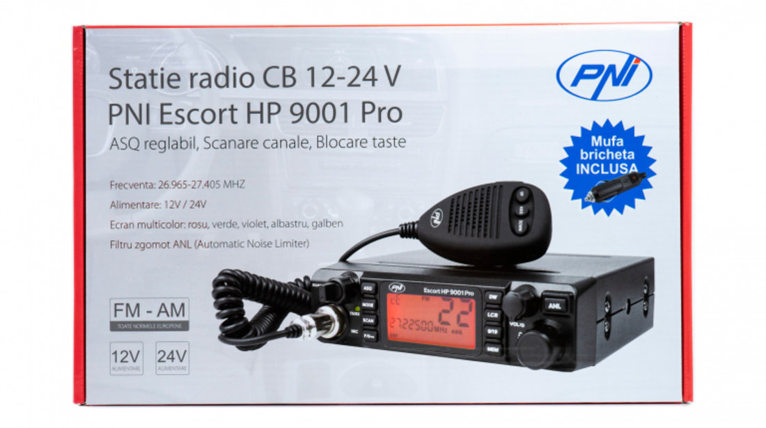 Statie Radio Cb Pni Escort Hp 9001 Pro Asq Reglabil, Am-fm, 12v/24v, 4w, Scaun, Dual Watch, Anl, Ecran Multicolor PNI-HP9001P