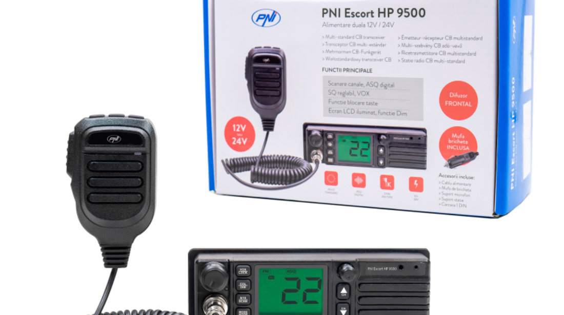 Statie radio CB PNI Escort HP 9500 multistandard, difuzor frontal, ASQ, VOX, Scaun, 4W, AM-FM, alimentare 12V - 24V, mufa de bricheta inclusa PNI-HP9500