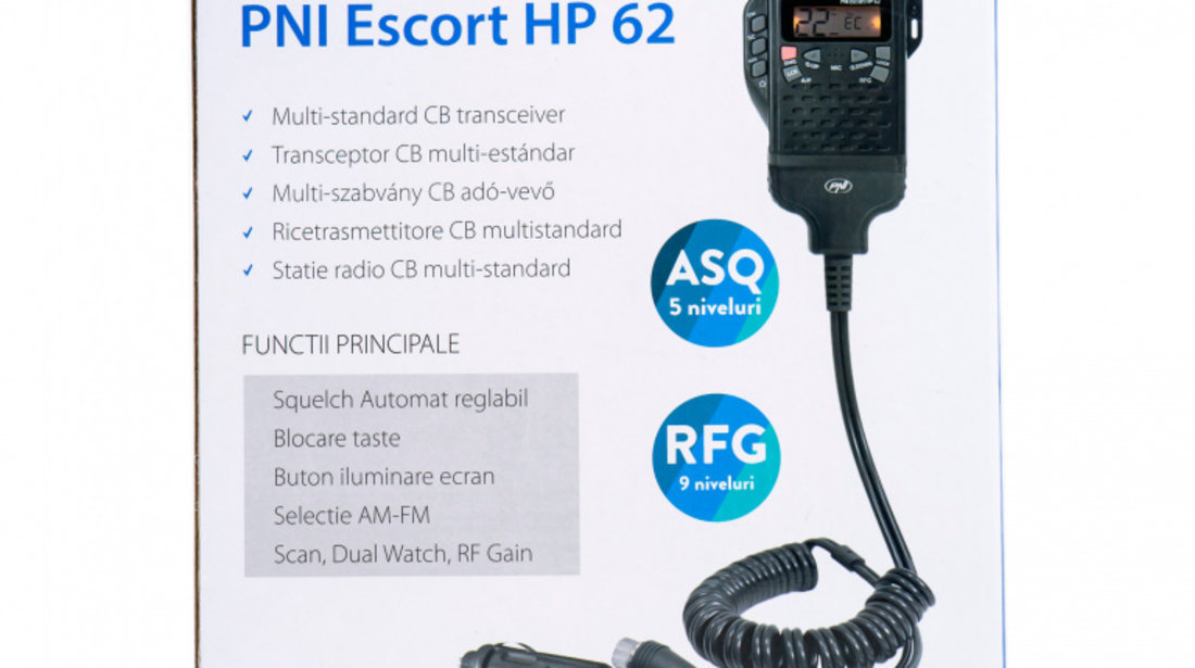 Statie radio CB portabila PNI Escort HP 62, multi standard, 4W, 12V, AM-FM, ASQ reglabil pe 5 niveluri, RF Gain pe 9 niveluri, Dual Watch, Scaun, Lock PNI-HP62
