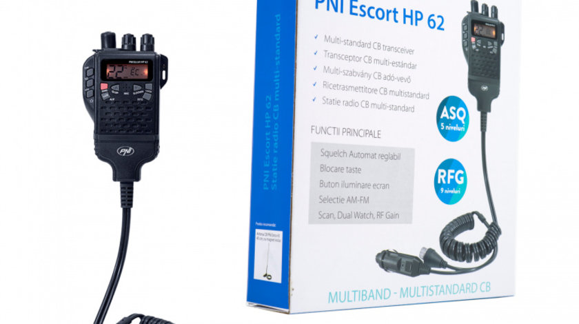 Statie radio CB portabila PNI Escort HP 62, multi standard, 4W, 12V, AM-FM, ASQ reglabil pe 5 niveluri, RF Gain pe 9 niveluri, Dual Watch, Scaun, Lock PNI-HP62