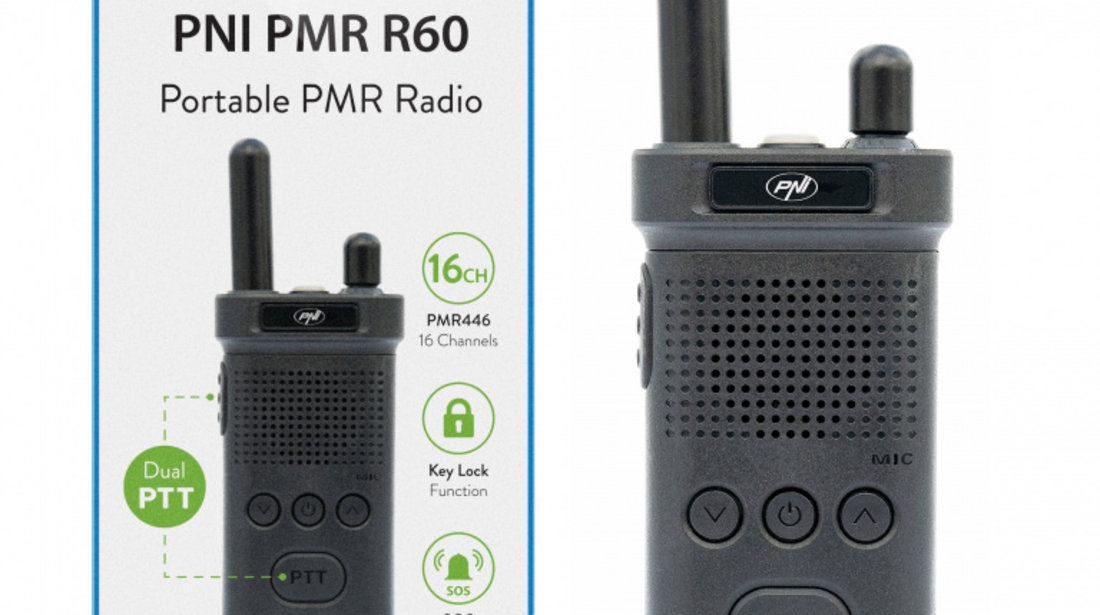 Statie radio portabila PNI PMR R60 446MHz, 0.5W, Scaun, blocare taste, SOS, Monitor, acumulator 1200mAh PNI-PMR-R60