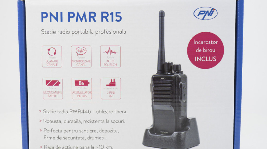 Statie radio portabila profesionala PNI PMR R15 0.5W, ASQ, TOT, monitor, programabila, acumulator 1200mAh PNI-PMR-R15