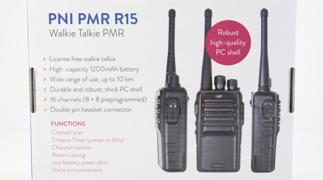 Statie radio portabila profesionala PNI PMR R15 0.5W, ASQ, TOT, monitor, programabila, acumulator 1200mAh PNI-PMR-R15