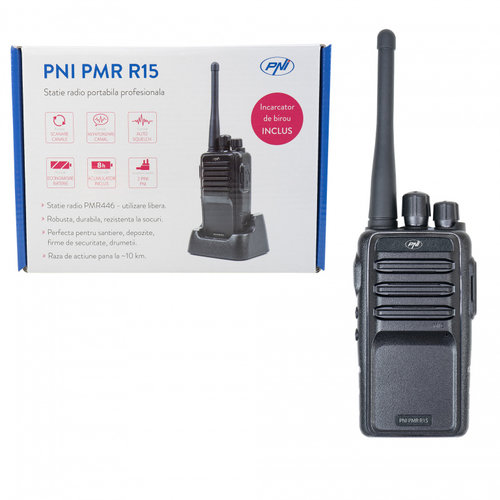 Statie radio portabila profesionala PNI PMR R15 0.5W, ASQ, TOT, monitor, programabila, acumulator 12...