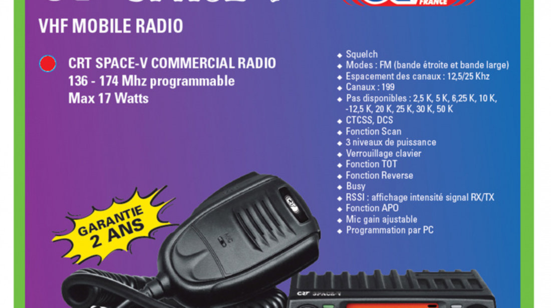 Statie radio VHF CRT SPACE V 136-174MHz, 199 canale, progamabila pe PC, 13.8 Vdc, Talk Around, Scaun, Squelch, BCL, Mic Gain PNI-CRTSP-V