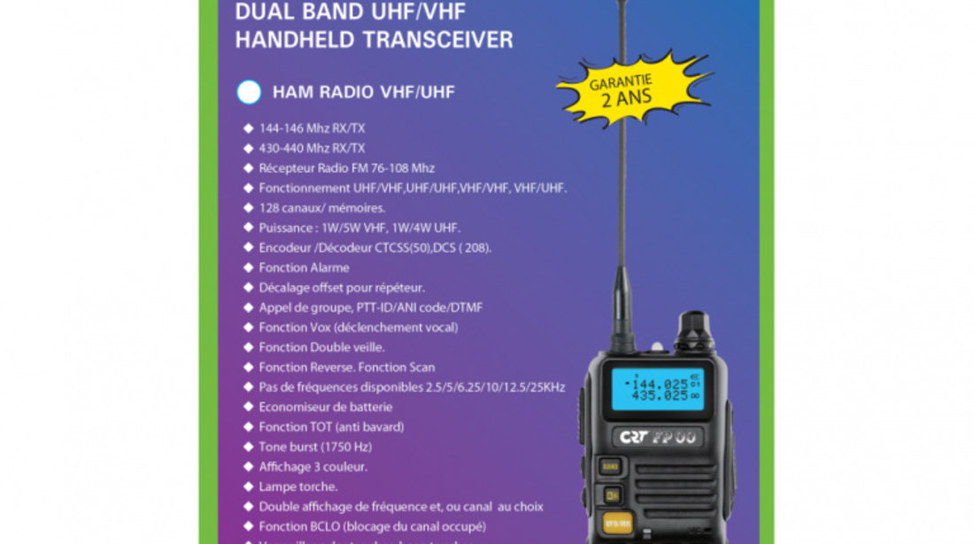Statie radio VHF/UHF portabila CRT FP00 dual band 136-174 si 400-440 MHz culoare Negru, VOX, 128 canale, Scaun, Programabila, Lanterna, FM radio, T.O.T, Repeater PNI-CRTFP00B