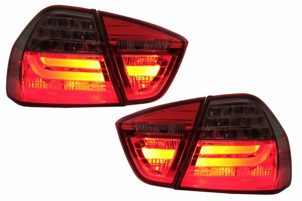 Stopuri LED Light Bar LCI Design compatibil cu BMW E90 Seria 3 Limuzina (2005-2008) Rosu Fumuriu TLBME90