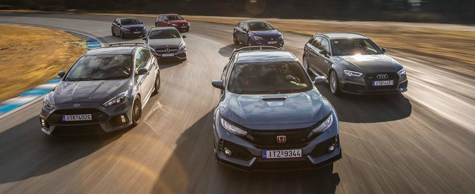 Sunt toate masinile care conteaza aici. Test comparativ intre RS3, A45, Civic Type R, Focus RS si Golf GTI