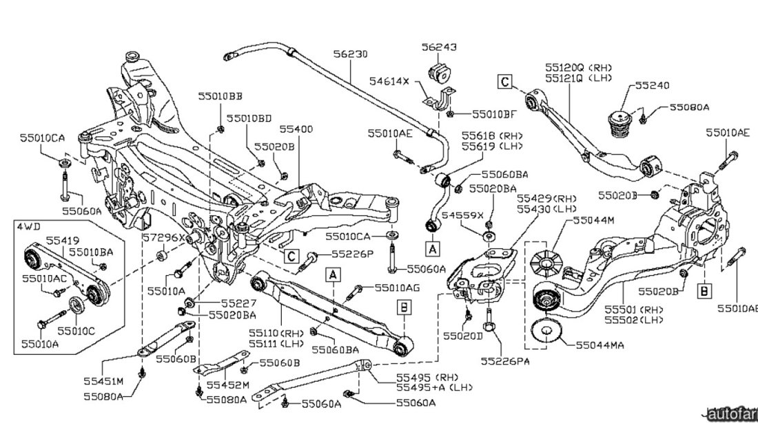 Suport diferential punte spate spre fata Nissan X-Trail II (poz.55419) NISSAN OE 55419JG200