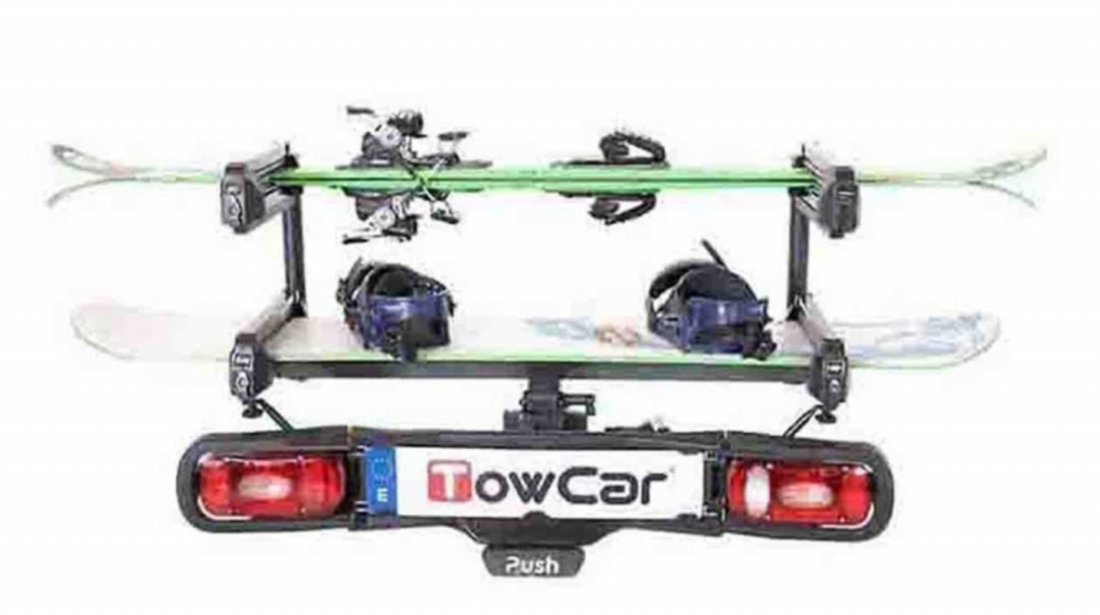 Suport ski&snowboard TowCar Aneto 4, prindere pe carlig de remorcare auto, 4 perechi ski-uri / 4 snowboard-uri