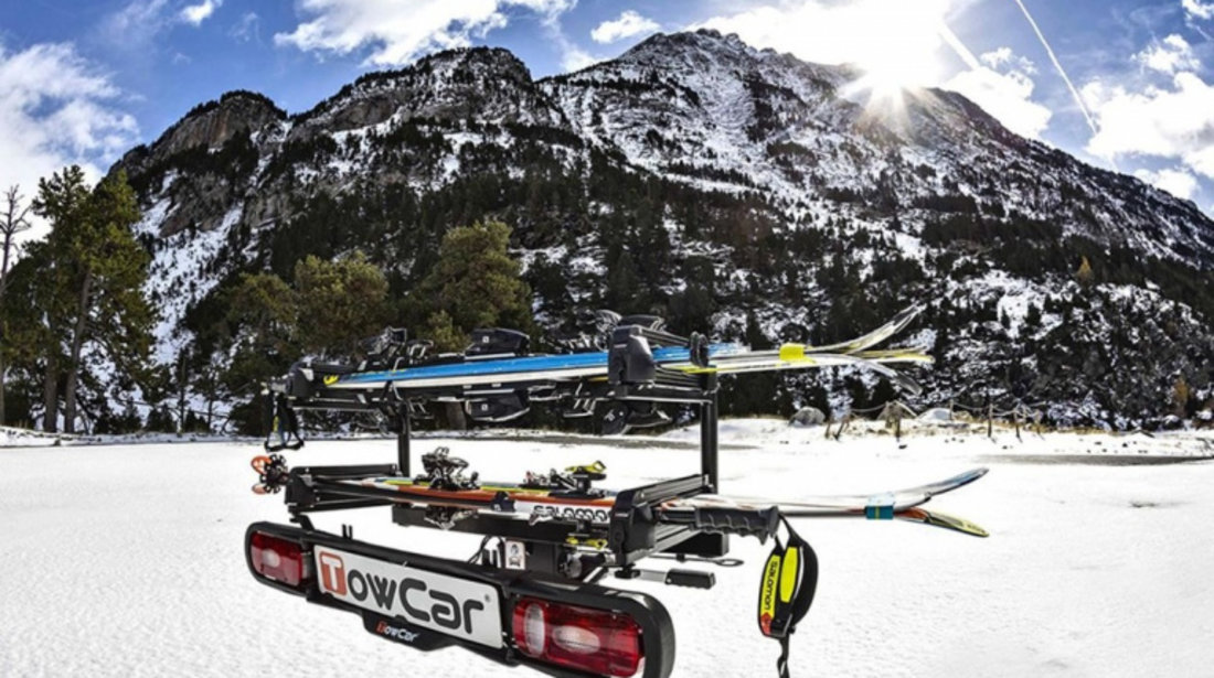 Suport ski&snowboard TowCar Aneto 4, prindere pe carlig de remorcare auto, 4 perechi ski-uri / 4 snowboard-uri