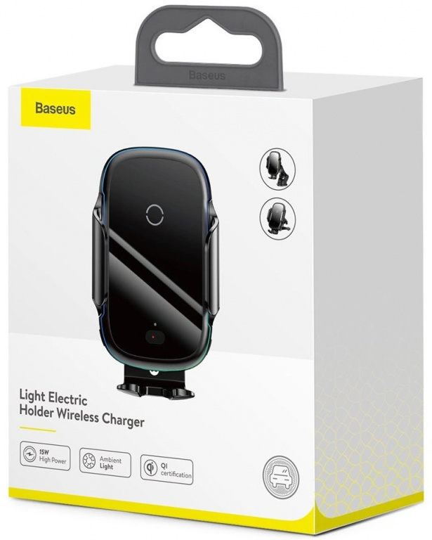 Suport Telefon Auto Inteligent Baseus Automatic Electric Iluminat Incarcator Qi Wireless 15W Cu Ventuza Pentru Parbriz Si Bord Si Grila Ventilatie Negru WXHW03-01