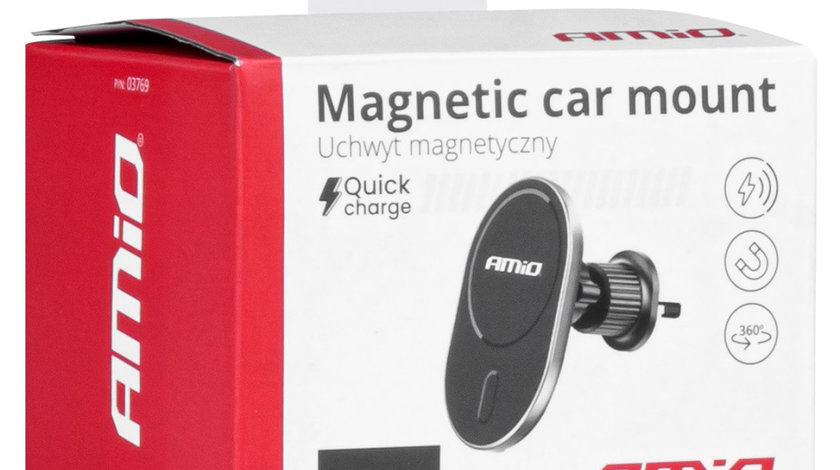 Suport Telefon Auto Magnetic Pentru Grila Ventilatie Cu Incarcator 15W Amio 03769