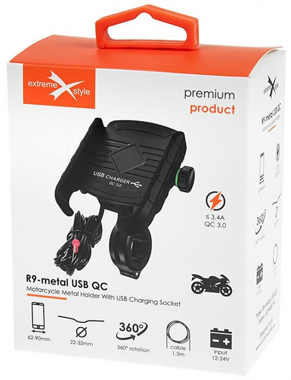 Suport Telefon Moto Cu Incarcarcator Extreme Style R9-Metal USB QC 3.0 Negru UCH000154