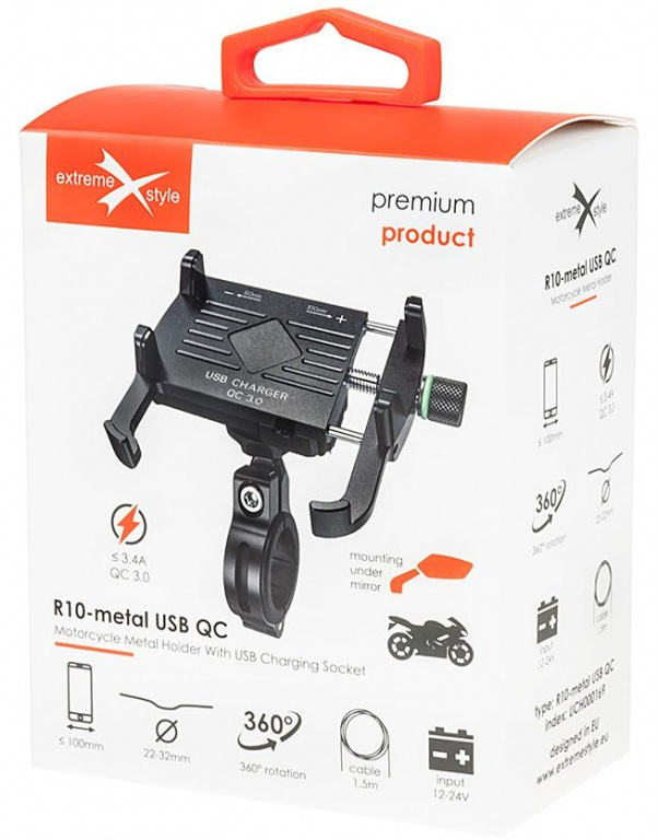 Suport Telefon Moto Cu Incarcarcator Extreme Style R10-Metal USB QC 3.0 Negru UCH000169