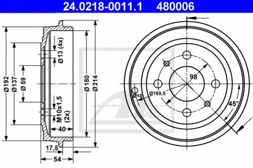 Tambur frana FIAT BRAVA (182) (1995 - 2003) ATE 24.0218-0011.1 piesa NOUA