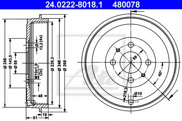 Tambur frana FIAT IDEA (350) (2003 - 2016) ATE 24.0222-8018.1 piesa NOUA