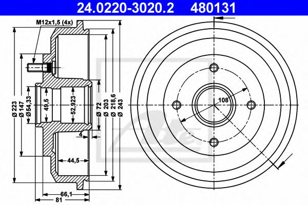 Tambur frana FORD FOCUS (DAW, DBW) (1998 - 2007) ATE 24.0220-3020.2 piesa NOUA