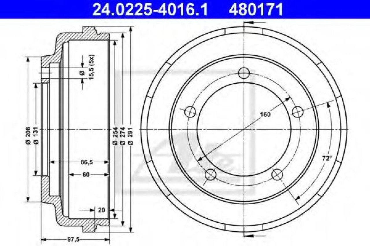 Tambur frana FORD TRANSIT bus (2006 - 2014) ATE 24.0225-4016.1 piesa NOUA