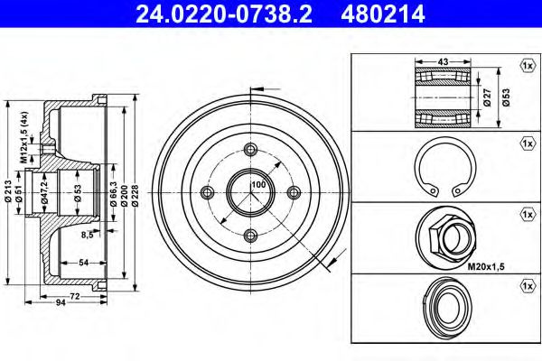 Tambur frana OPEL CORSA C (F08, F68) (2000 - 2009) ATE 24.0220-0738.2 piesa NOUA