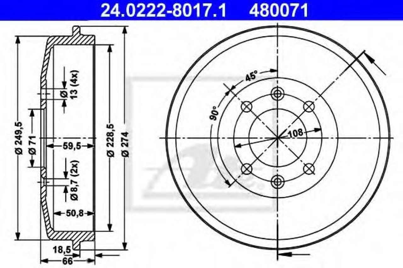 Tambur frana PEUGEOT 406 (8B) (1995 - 2005) ATE 24.0222-8017.1 piesa NOUA