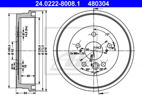 Tambur frana TOYOTA RAV 4 II (CLA2, XA2, ZCA2, ACA2) (2000 - 2005) ATE 24.0222-8008.1 piesa NOUA