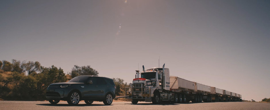 Test extrem: un Land Rover Discovery a tractat cu succes un TIR de 110 tone cu 7 remorci