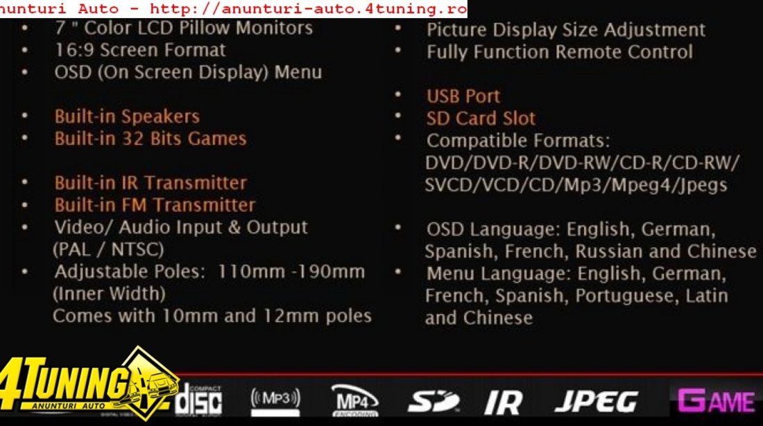 Tetiere WITSON Cu Dvd Husa Usb Sd Divx Jocuri Modulator Fm Joystick Wireless