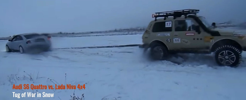 Tractat 100 de metri, o noua "proba olimpica". Cine castiga dintre un Audi S6 si o LADA NIVA Tractat 100 de metri, o noua "proba olimpica". Cine castiga dintre un Audi S6 si o LADA NIVA