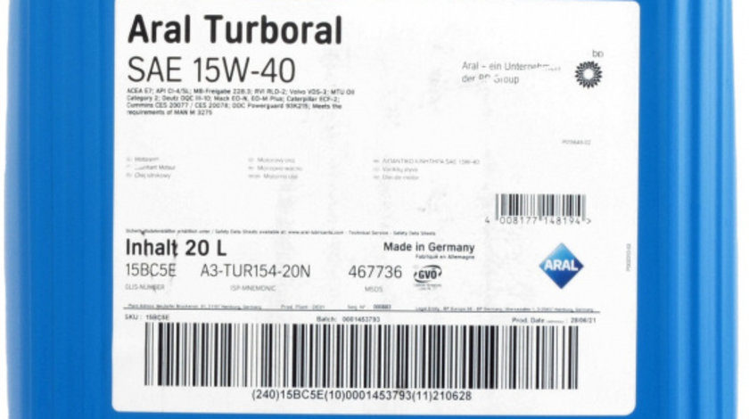 Ulei Motor Aral Turboral 15W-40 20L 15BC5E