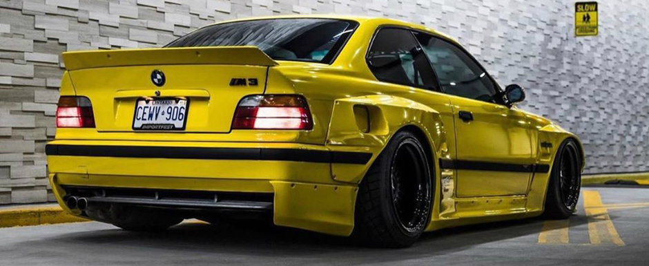 Un M3 E36, galben si cu bodykit Rocket Bunny, face valva pe soselele din Canada. POZE