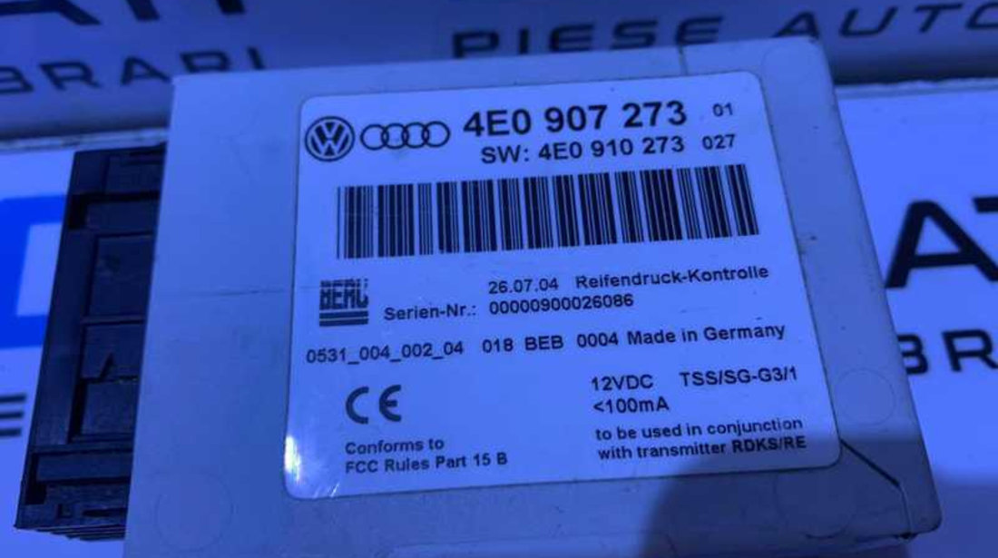 Unitate Modul Calculator Presiune Anvelope Cauciucuri Roti Jante Audi A8 D3 2004 - 2010 Cod 4E0907273 4E0910273